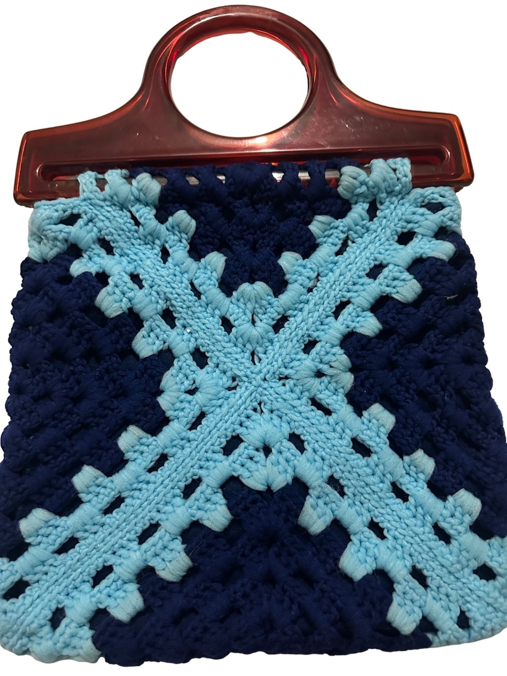 Handmade Crochet Open Tote Bag in Navy and Light Blue Heavy Handles